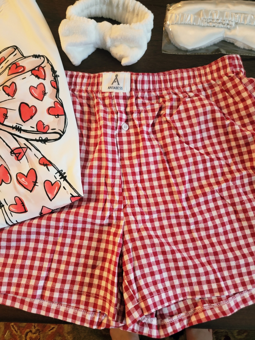 Red Gingham Button Shorts With Heart Tee Shirt Gift Set